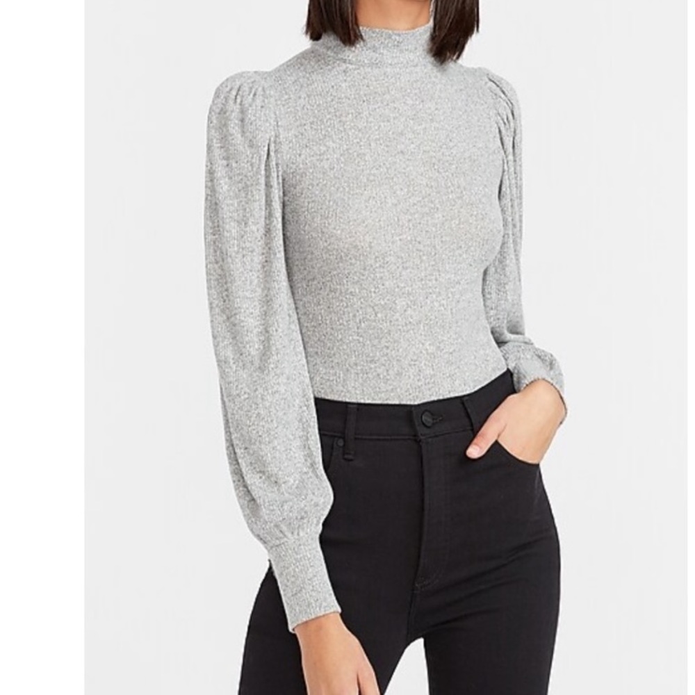 Express Ribbed Mock Neck Balloon Sleeve Bodysuit - Grey - XS